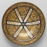 Handmade Persian Ilkhanid-style lustreware plate with geometric motifs and Khayyam poetry