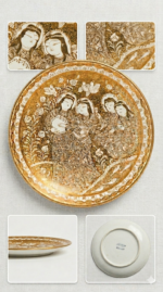 Handmade Persian lustreware plate depicting a women’s gathering in Ilkhanid style