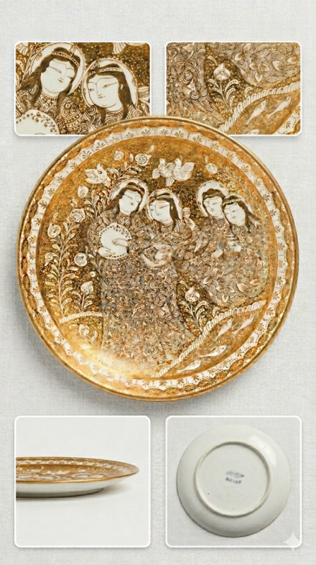 Handmade Persian lustreware plate depicting a women’s gathering in Ilkhanid style