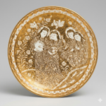 Handmade Persian lustreware plate depicting a women’s gathering in Ilkhanid style