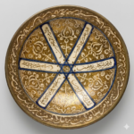 Handmade Persian Ilkhanid-style lustreware plate with geometric motifs and Khayyam poetry