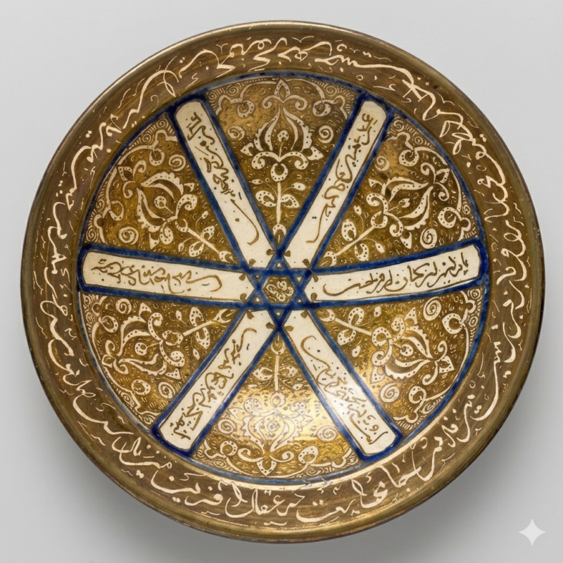 Handmade Persian Ilkhanid-style lustreware plate with geometric motifs and Khayyam poetry