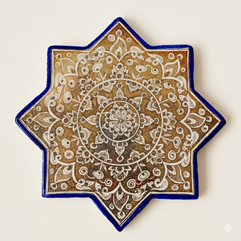 Handcrafted Persian lustreware star tile in Ilkhanid style featuring a golden medallion motif, created in Winter 2025 by the Tavasolian Brothers Workshop