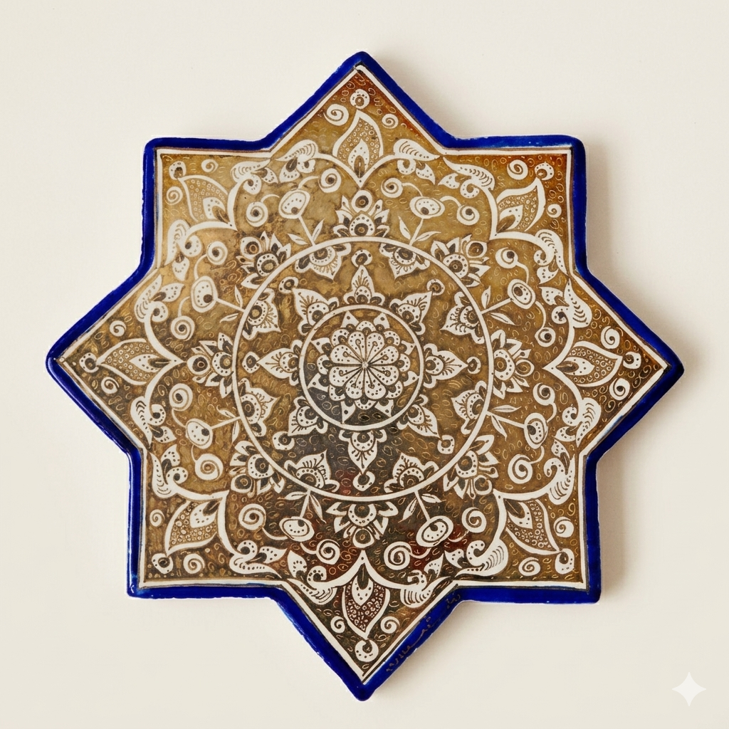 Ilkhanid-Style Persian Lustreware Star Tile with Golden Medallion Motif Handcrafted Persian lustreware star tile in Ilkhanid style featuring a golden medallion motif, created in Winter 2025 by the Tavasolian Brothers Workshop