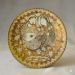 Handcrafted Ilkhanid-style Persian lusterware plate titled “The Courtly Banquet,” featuring courtly banquet scene with floral arabesque motifs and metallic glaze, made in Winter 2025