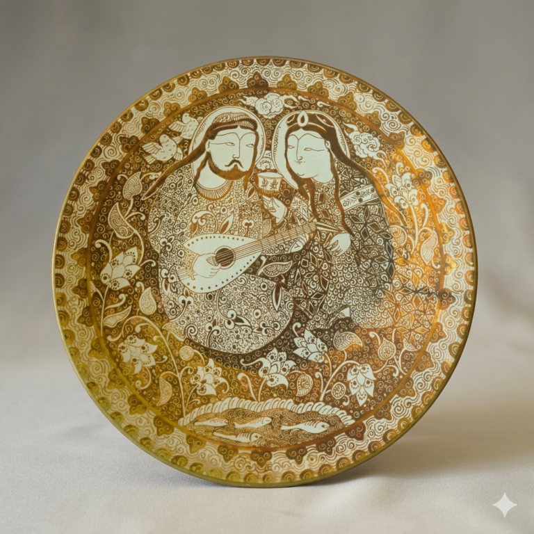 Handcrafted Ilkhanid-style Persian lusterware plate titled “The Courtly Banquet,” featuring courtly banquet scene with floral arabesque motifs and metallic glaze, made in Winter 2025