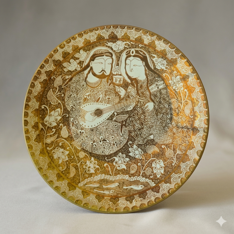 Handcrafted Ilkhanid-style Persian lusterware plate titled “The Courtly Banquet,” featuring courtly banquet scene with floral arabesque motifs and metallic glaze, made in Winter 2025