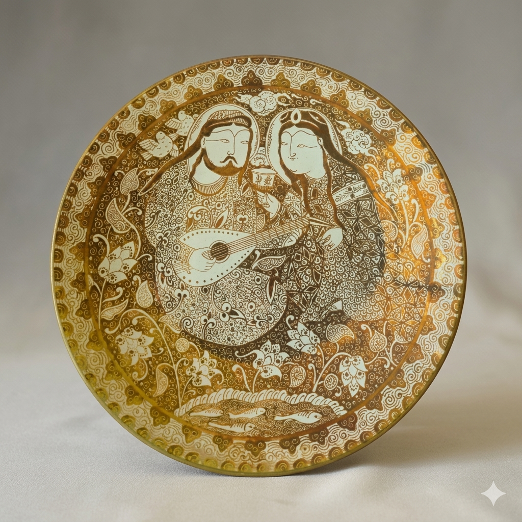 Ilkhanid Lusterware Plate “The Courtly Banquet” – Unique Handmade Persian Art Handcrafted Ilkhanid-style Persian lusterware plate titled “The Courtly Banquet,” featuring courtly banquet scene with floral arabesque motifs and metallic glaze, made in Winter 2025