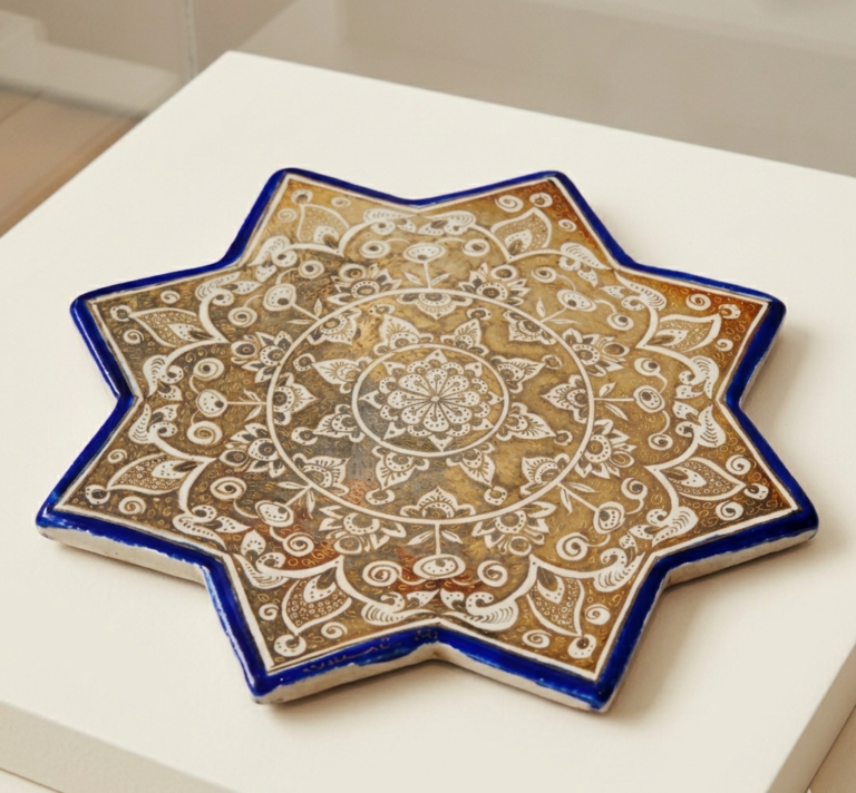 Unique Persian lustreware star tile inspired by Ilkhanid ceramic art and decorated with a traditional golden medallion design.