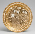 Handcrafted Ilkhanid-style Persian lusterware plate titled “The Courtly Banquet,” featuring courtly banquet scene with floral arabesque motifs and metallic glaze, made in Winter 2025