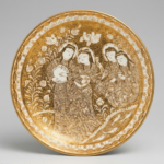 Handcrafted Ilkhanid-style Persian lusterware plate titled “The Courtly Banquet,” featuring courtly banquet scene with floral arabesque motifs and metallic glaze, made in Winter 2025