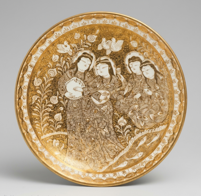 Handcrafted Ilkhanid-style Persian lusterware plate titled “The Courtly Banquet,” featuring courtly banquet scene with floral arabesque motifs and metallic glaze, made in Winter 2025