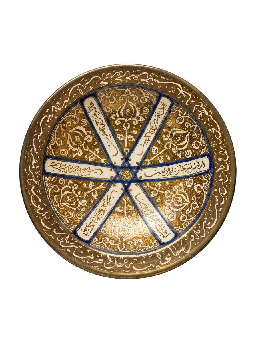 Ilkhanid-Style Persian Lustreware Plate Handmade Persian Ilkhanid-style lustreware plate with geometric motifs and Khayyam poetry